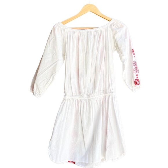 Pampelone Bardot White Red Embroidered Off the Shoulder Tunic Dress Cover Up - Picture 9 of 11